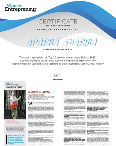 Aparna Sharma featured in Women Entrepreneurs Review